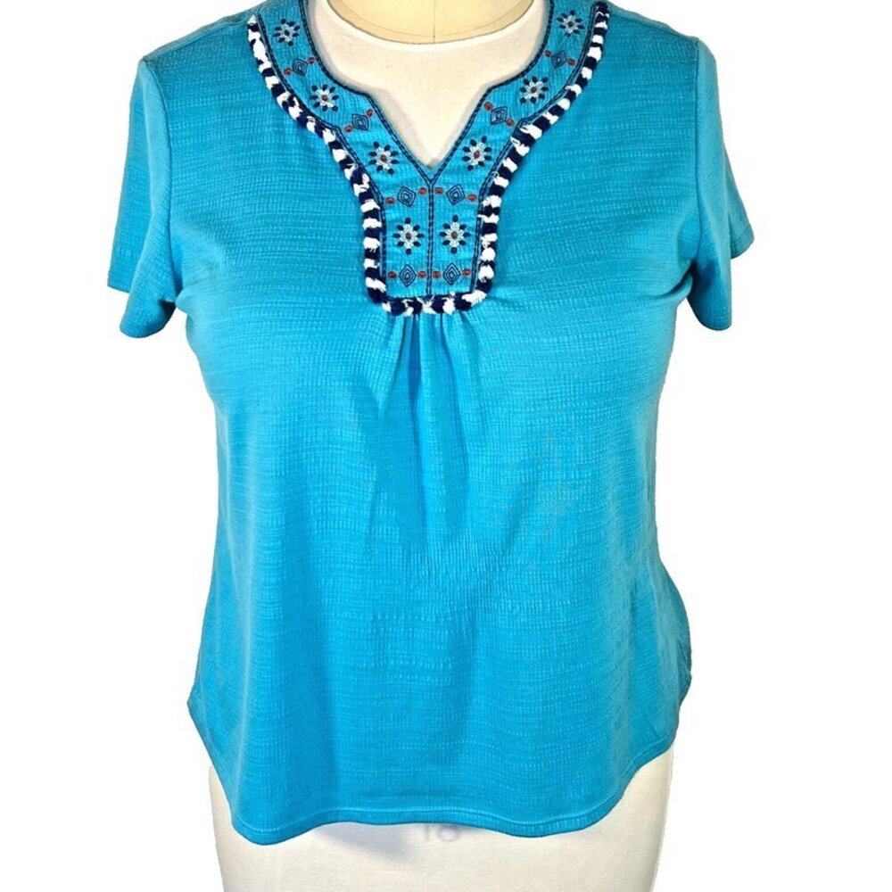 Ruby Rd. - Women's L Blouse Blue Notch Neck Short Sleeve Tribal Neckline Stretch
